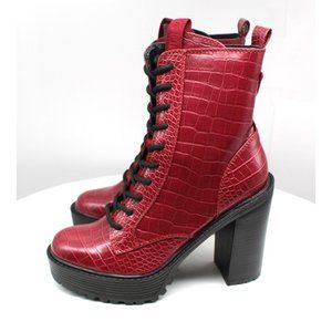 Guess High Heel Platform Combat Style Lace Up Faux Gator Bootie